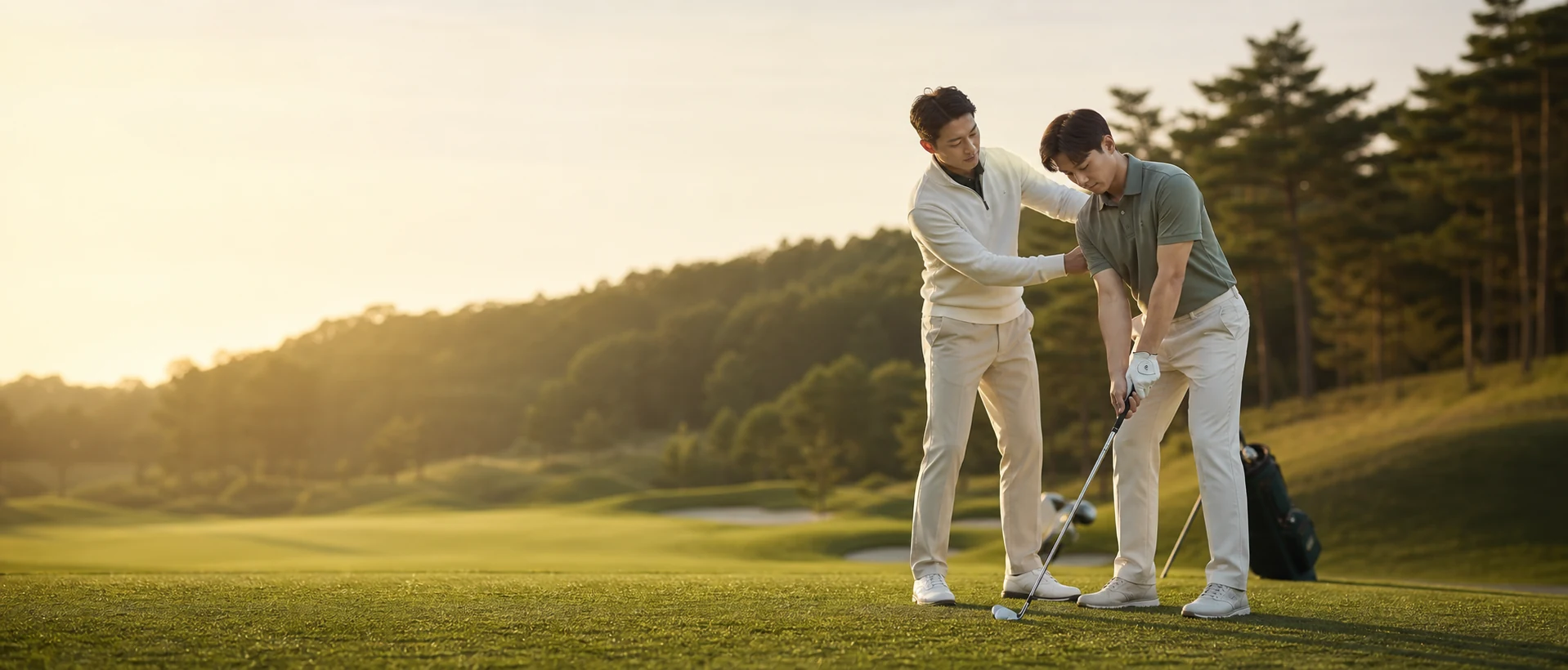 골프 코치가 수강생의 스윙 자세를 지도하는 모습